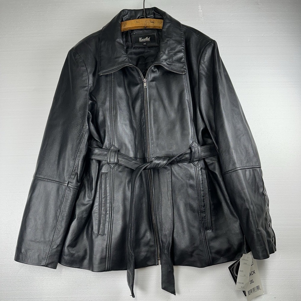 Women's 3XL Excelled Leather Coat Jacket With Belt + Button Detail Sleeves Black
